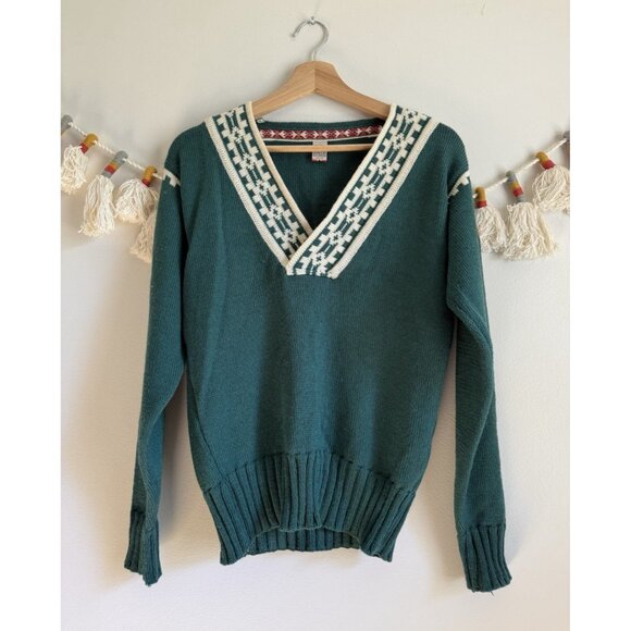 Dale Of Norway Alpina 100% Merino Wool Green V-neck Sweater Nordic Preppy S - Picture 1 of 10